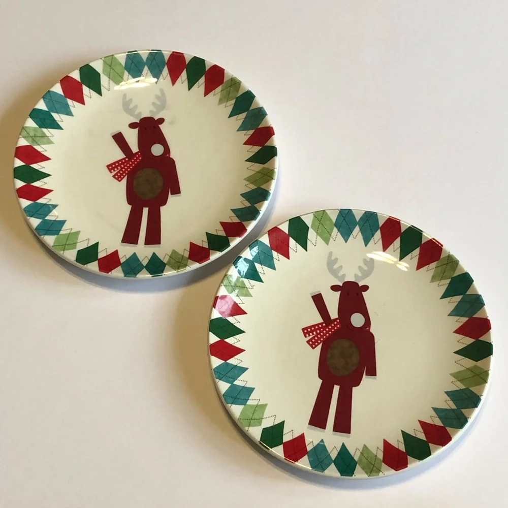Sur La Table Set of 2 Reindeer Christmas Cocktail Plates